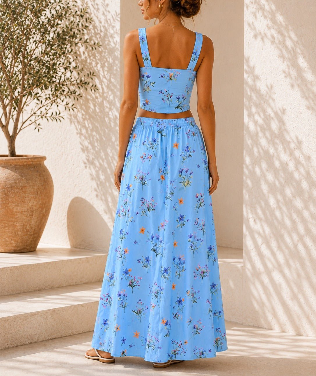 Ladies Blue Crop Top Floral Two-Piece Set - StylePhase SA