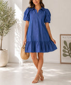 Ladies Blue Demin Bubble Sleeve Ruffle Hem Dress - StylePhase SA