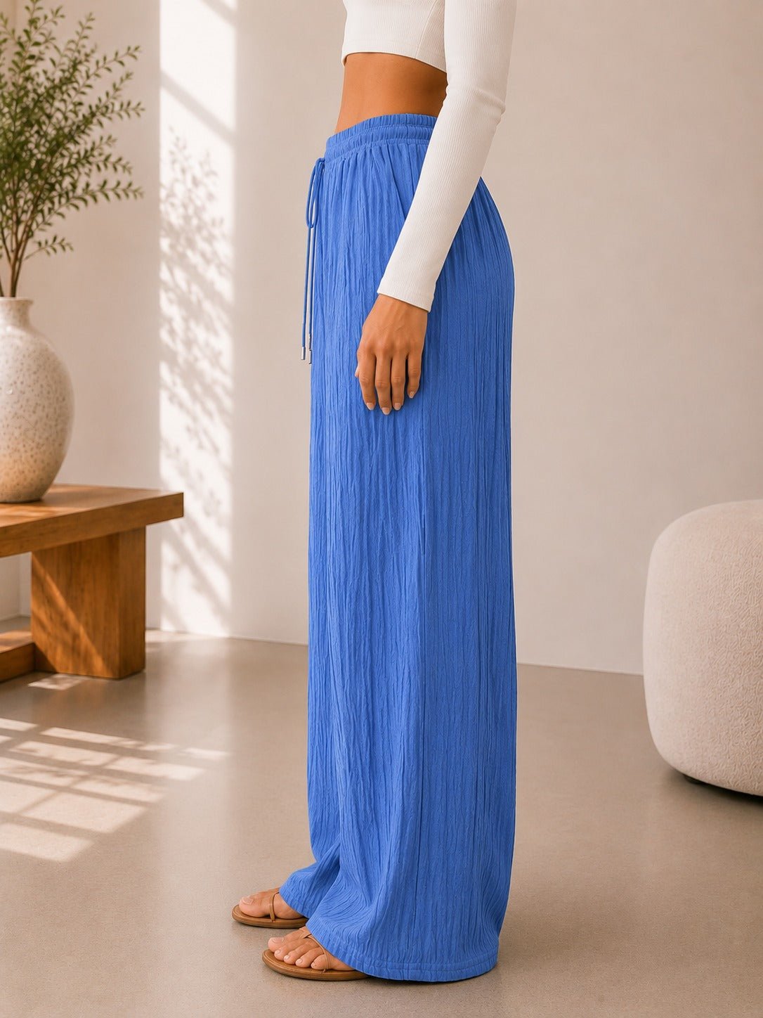 Ladies Blue Drawstring Crinkle Wide Leg Pants - StylePhase SA