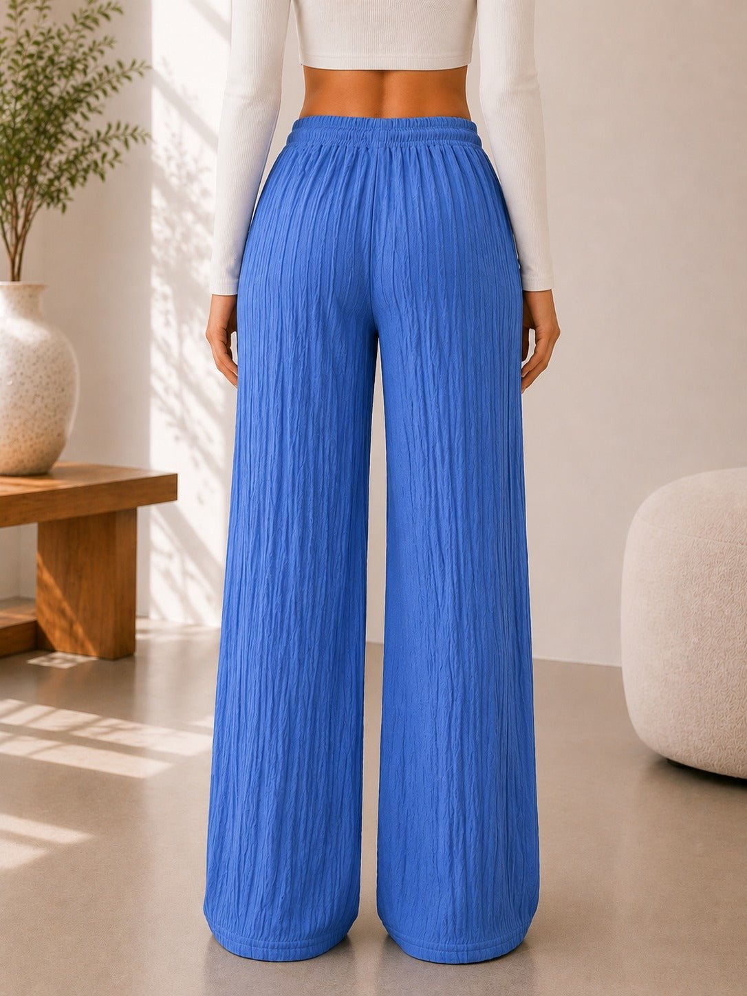 Ladies Blue Drawstring Crinkle Wide Leg Pants - StylePhase SA