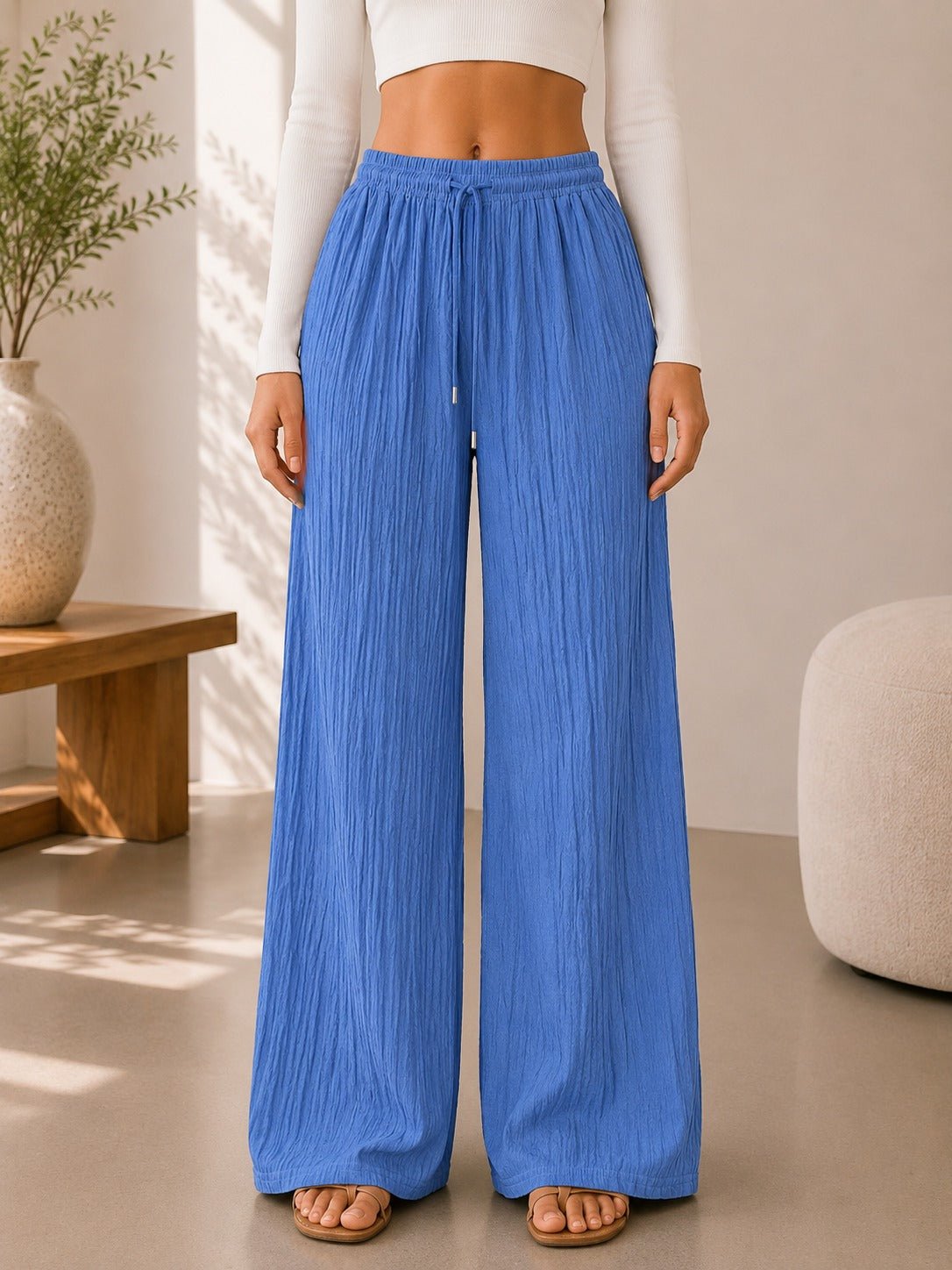 Ladies Blue Drawstring Crinkle Wide Leg Pants - StylePhase SA
