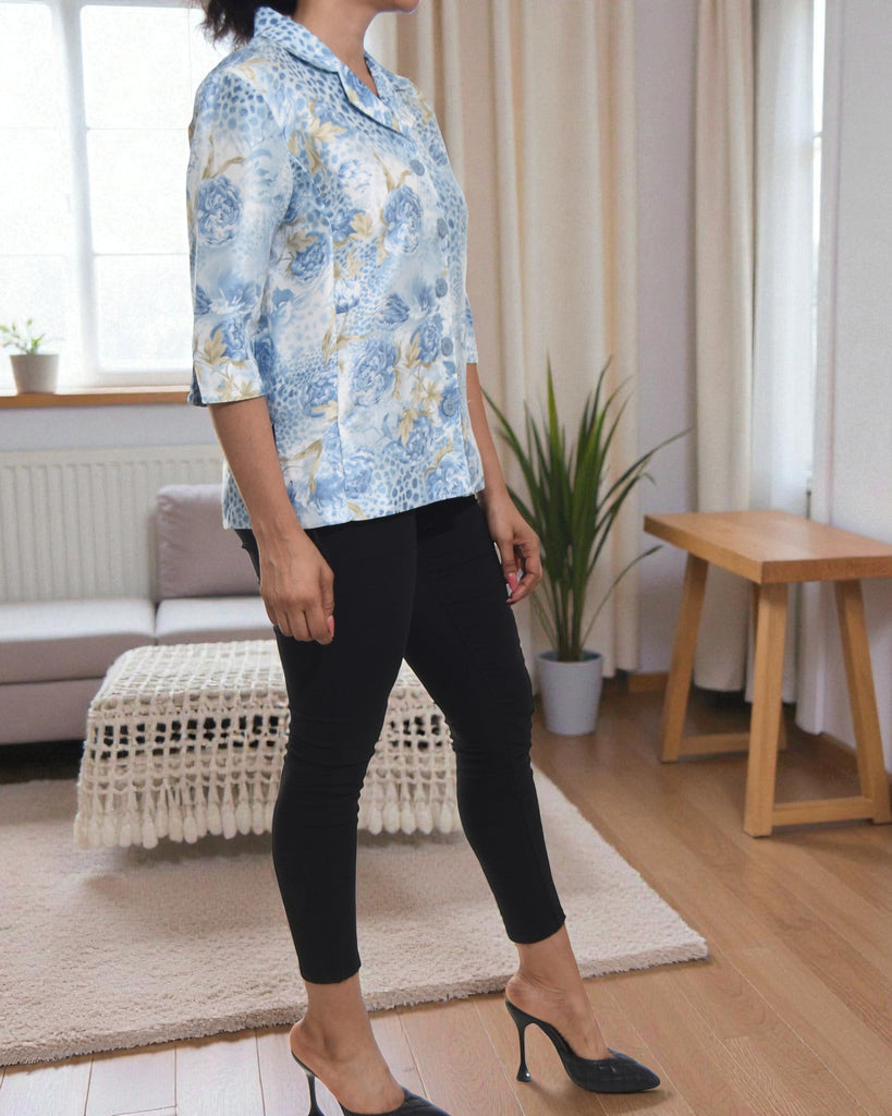 Ladies Blue Floral Button Front Top - StylePhase SA