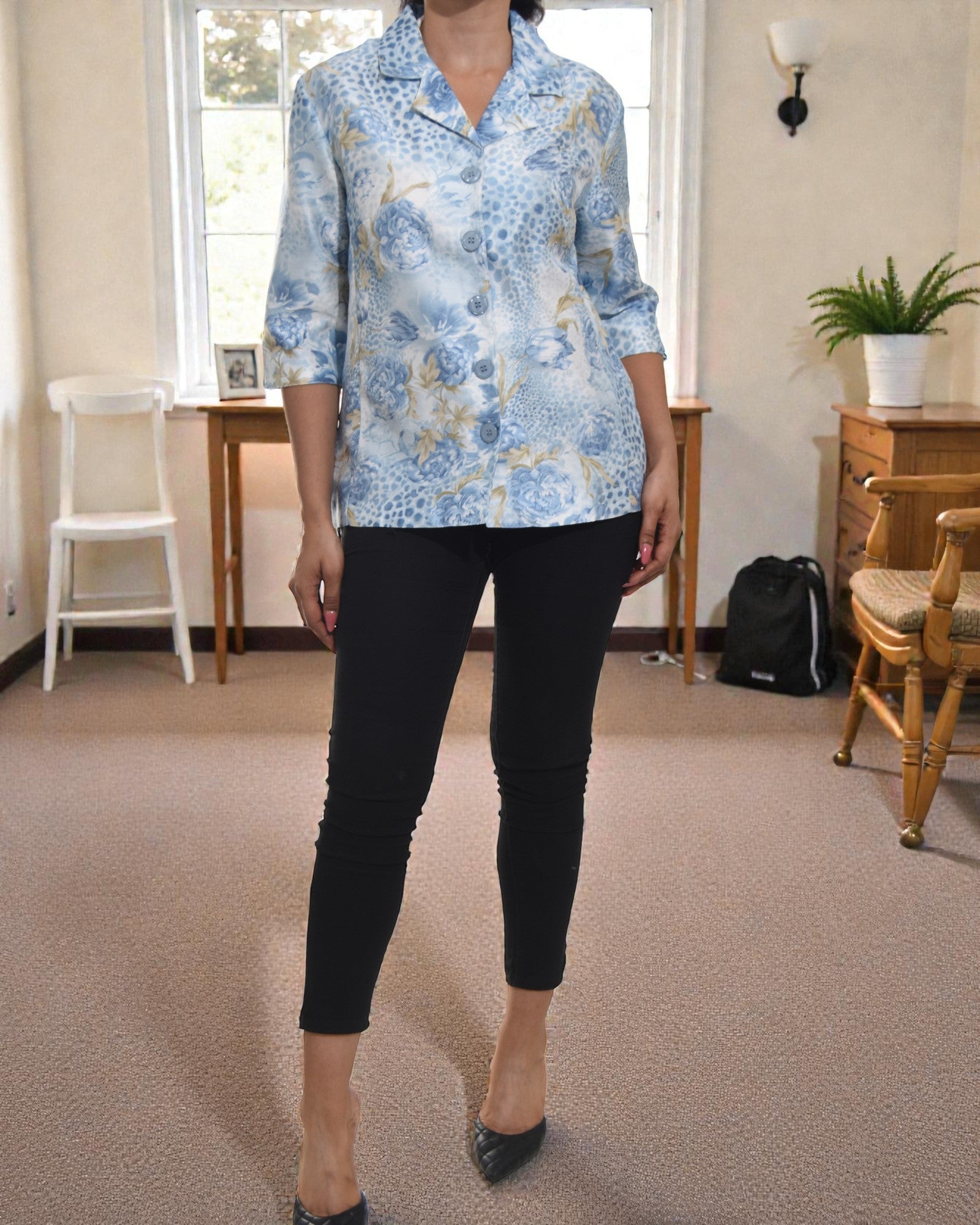 Ladies Blue Floral Button Front Top - StylePhase SA