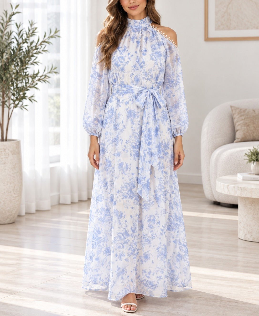 Ladies Blue Floral Cold Shoulder Dress - StylePhase SA