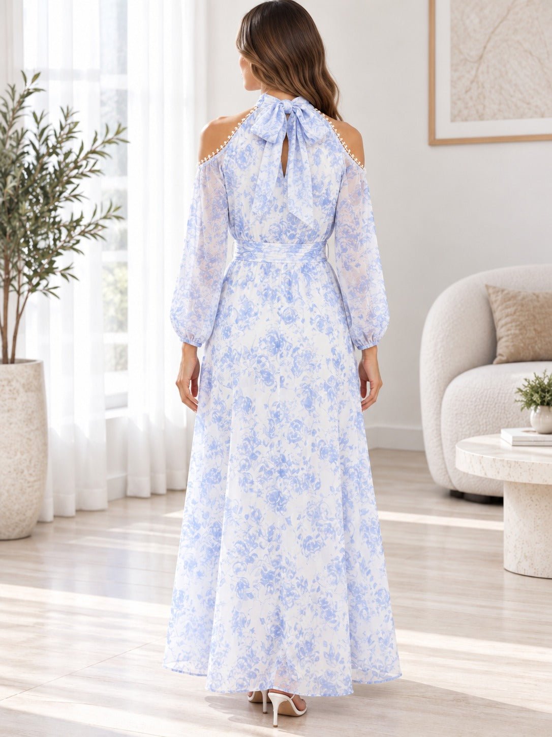 Ladies Blue Floral Cold Shoulder Dress - StylePhase SA
