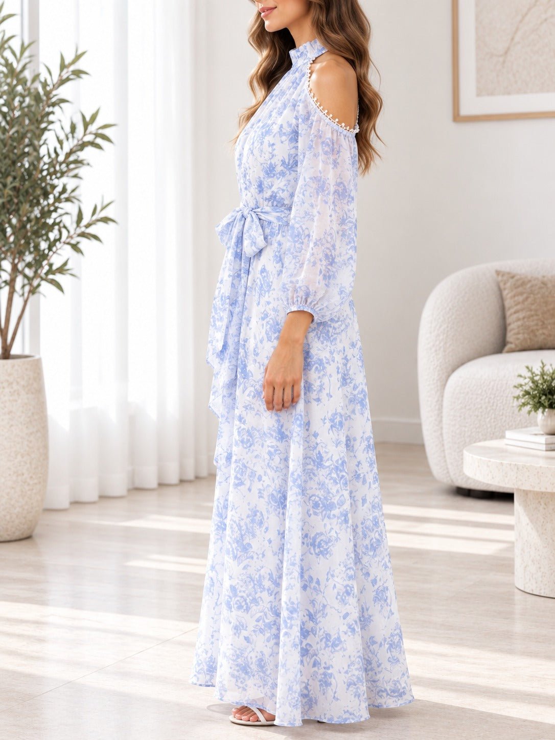 Ladies Blue Floral Cold Shoulder Dress - StylePhase SA