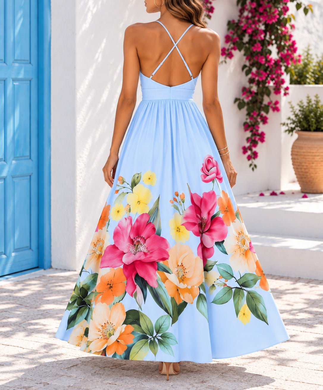 Ladies Blue Floral Deep V-Neck Maxi Dress - StylePhase SA