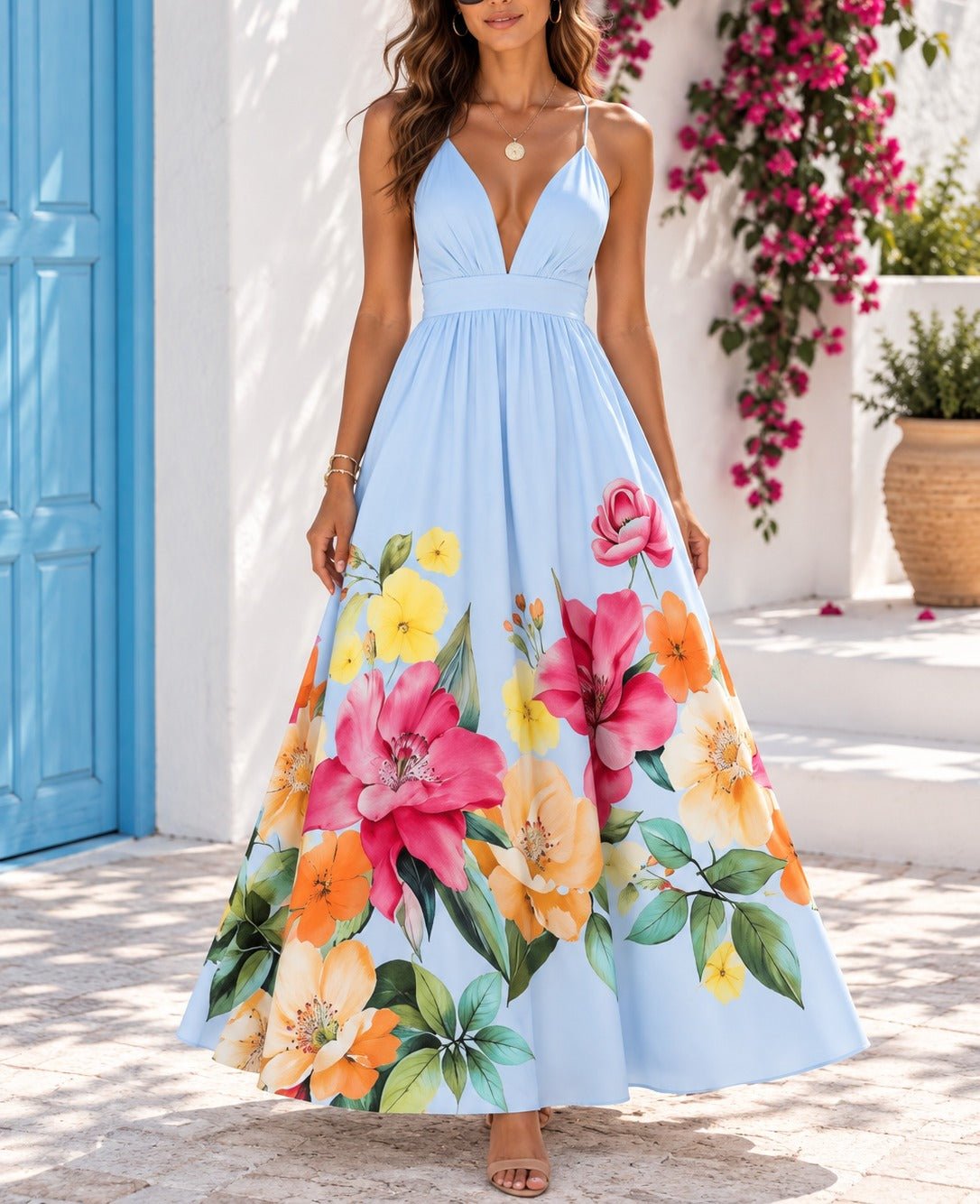 Ladies Blue Floral Deep V-Neck Maxi Dress - StylePhase SA