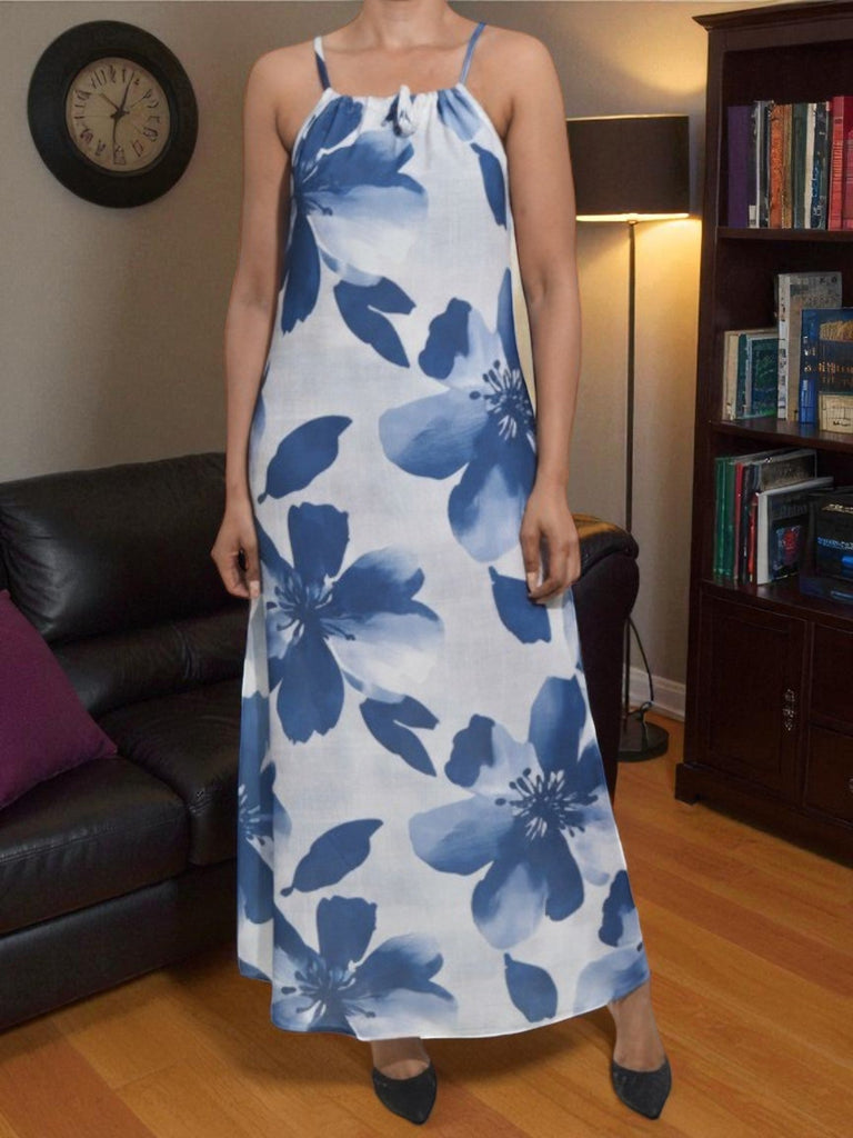 Ladies Blue Floral Maxi Tie Dress - StylePhase SA
