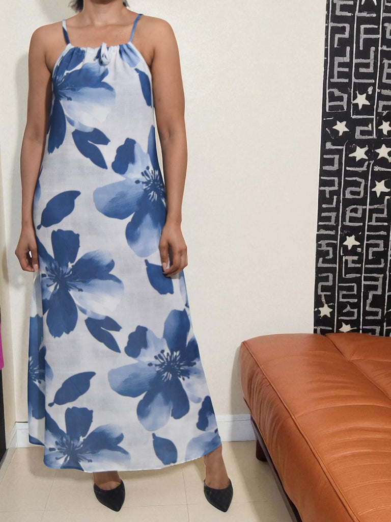 Ladies Blue Floral Maxi Tie Dress - StylePhase SA