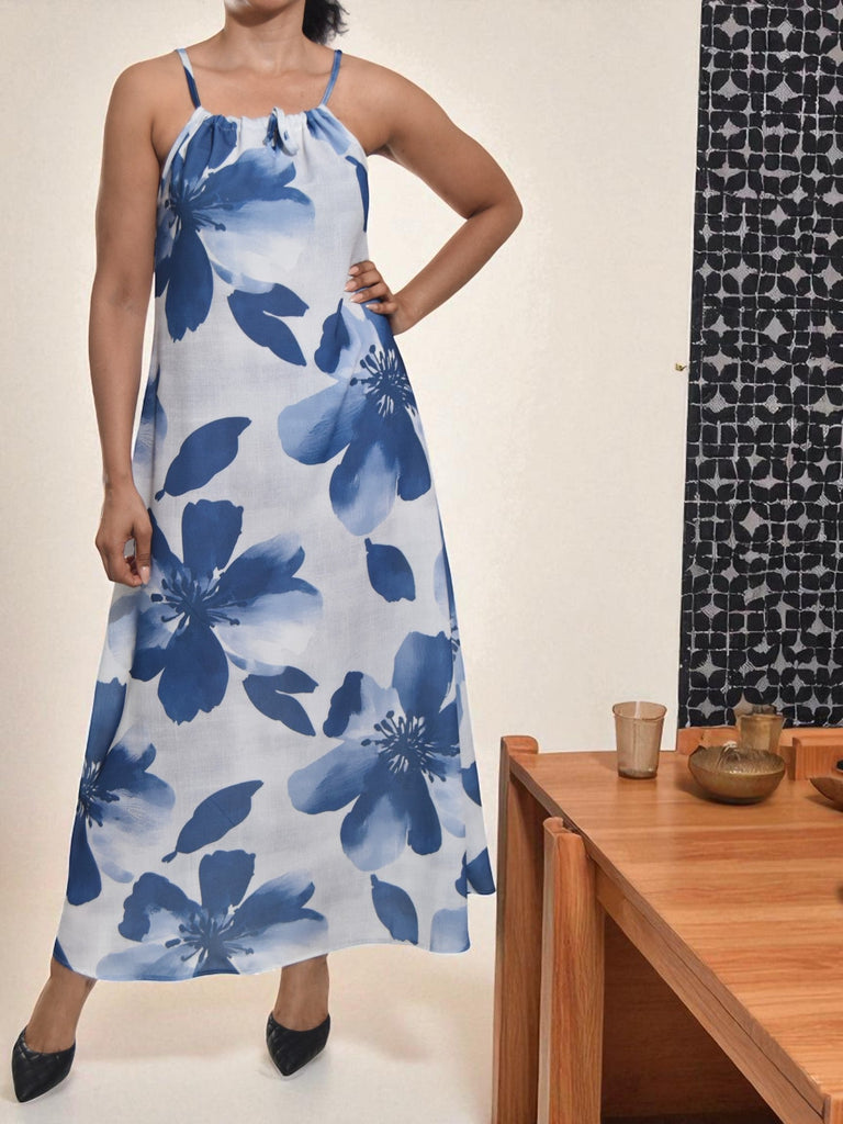 Ladies Blue Floral Maxi Tie Dress - StylePhase SA