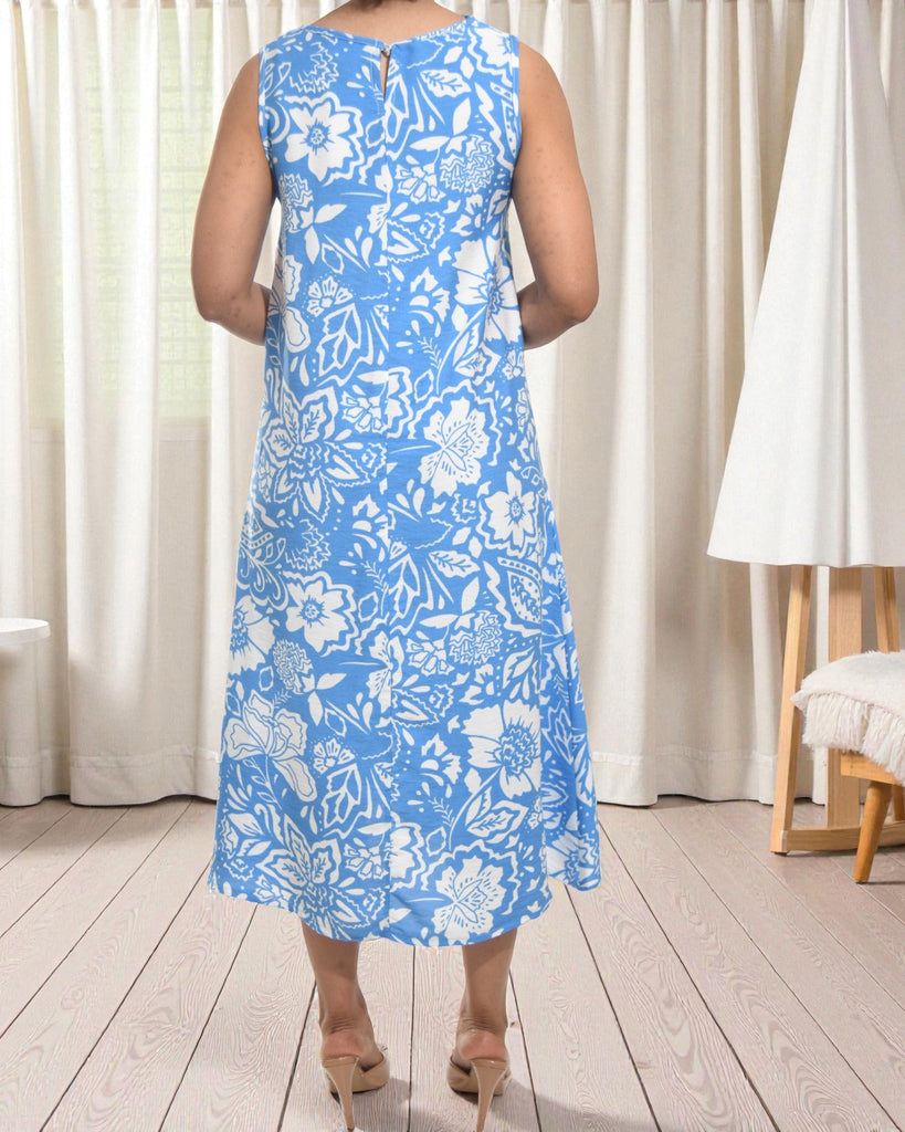 Ladies Blue Floral Midi Sleeveless Dress - StylePhase SA