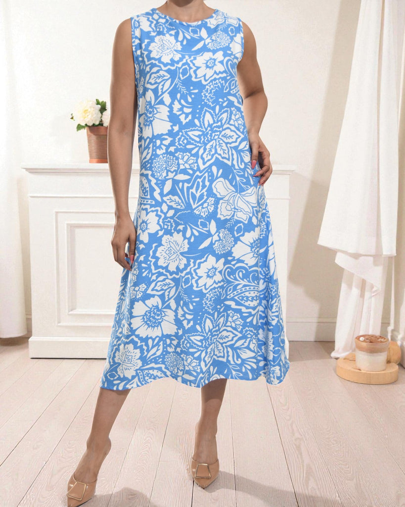 Ladies Blue Floral Midi Sleeveless Dress - StylePhase SA