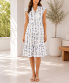 Ladies Blue Floral Notched Neck Ruffel Dress - StylePhase SA
