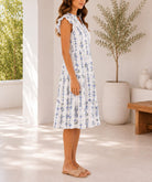 Ladies Blue Floral Notched Neck Ruffel Dress - StylePhase SA