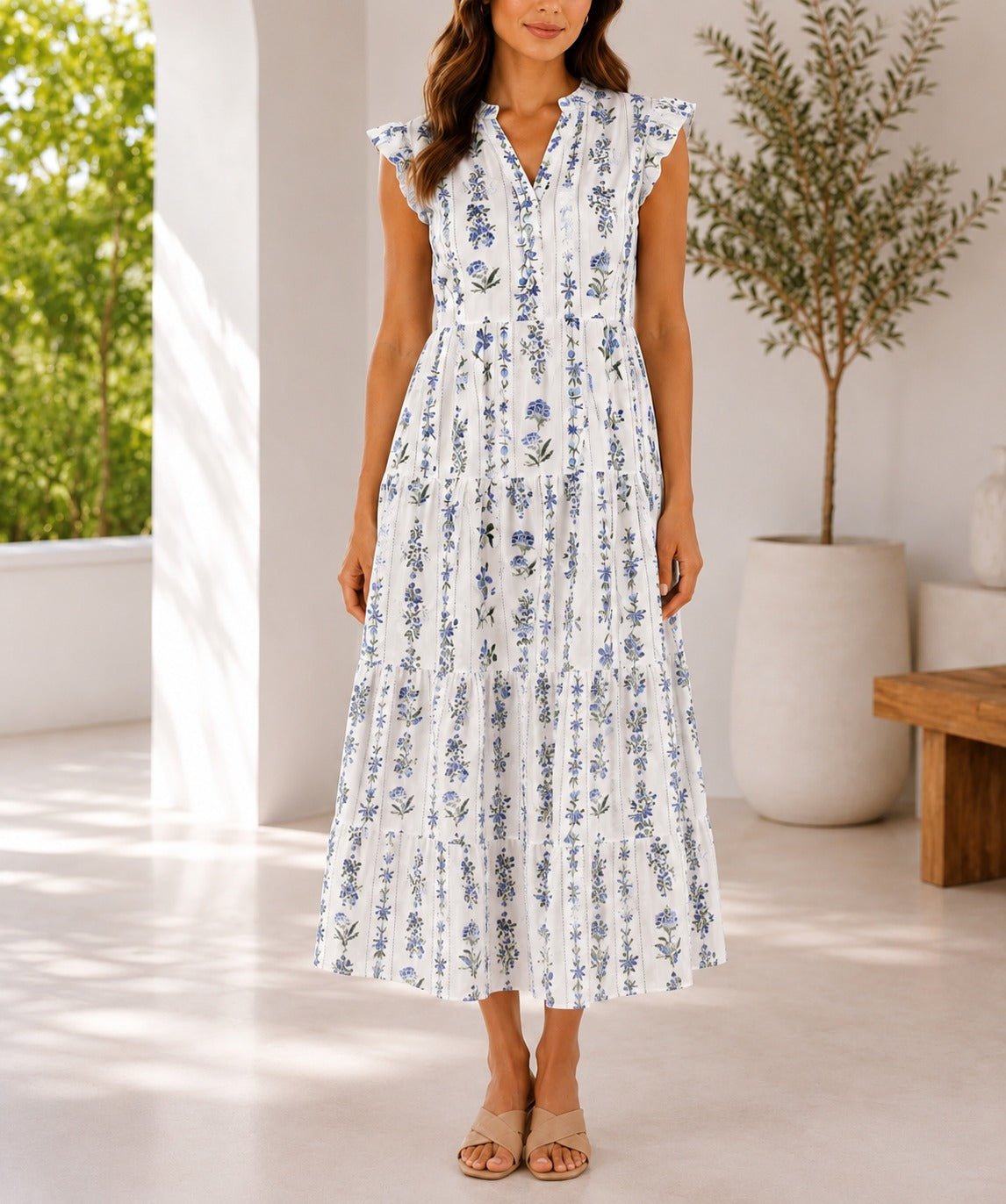Ladies Blue Floral Notched Neck Ruffel Dress - StylePhase SA