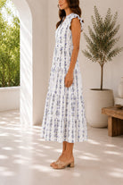 Ladies Blue Floral Notched Neck Ruffel Dress - StylePhase SA