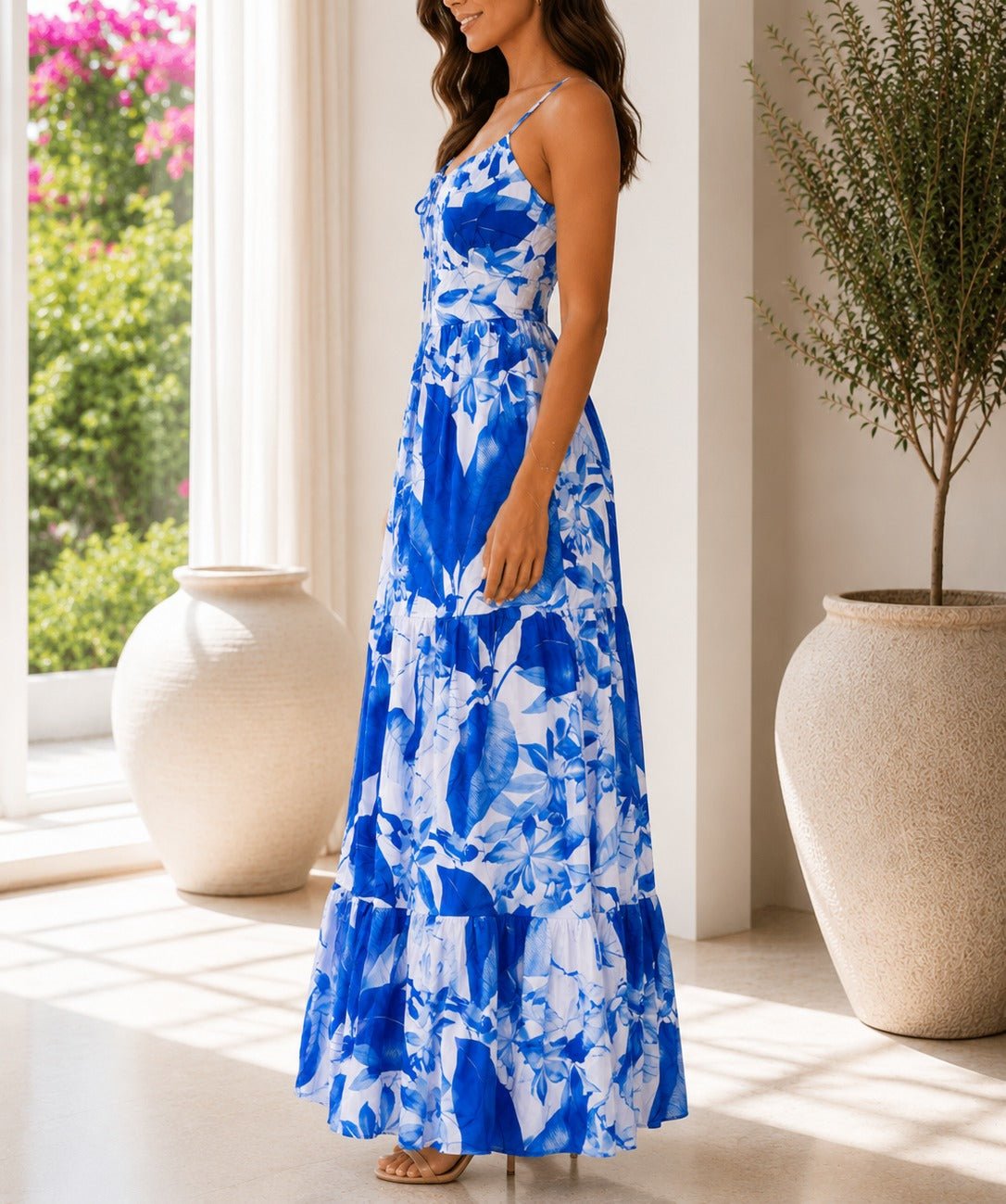 Ladies Blue Floral Print Tie Front Maxi Dress - StylePhase SA
