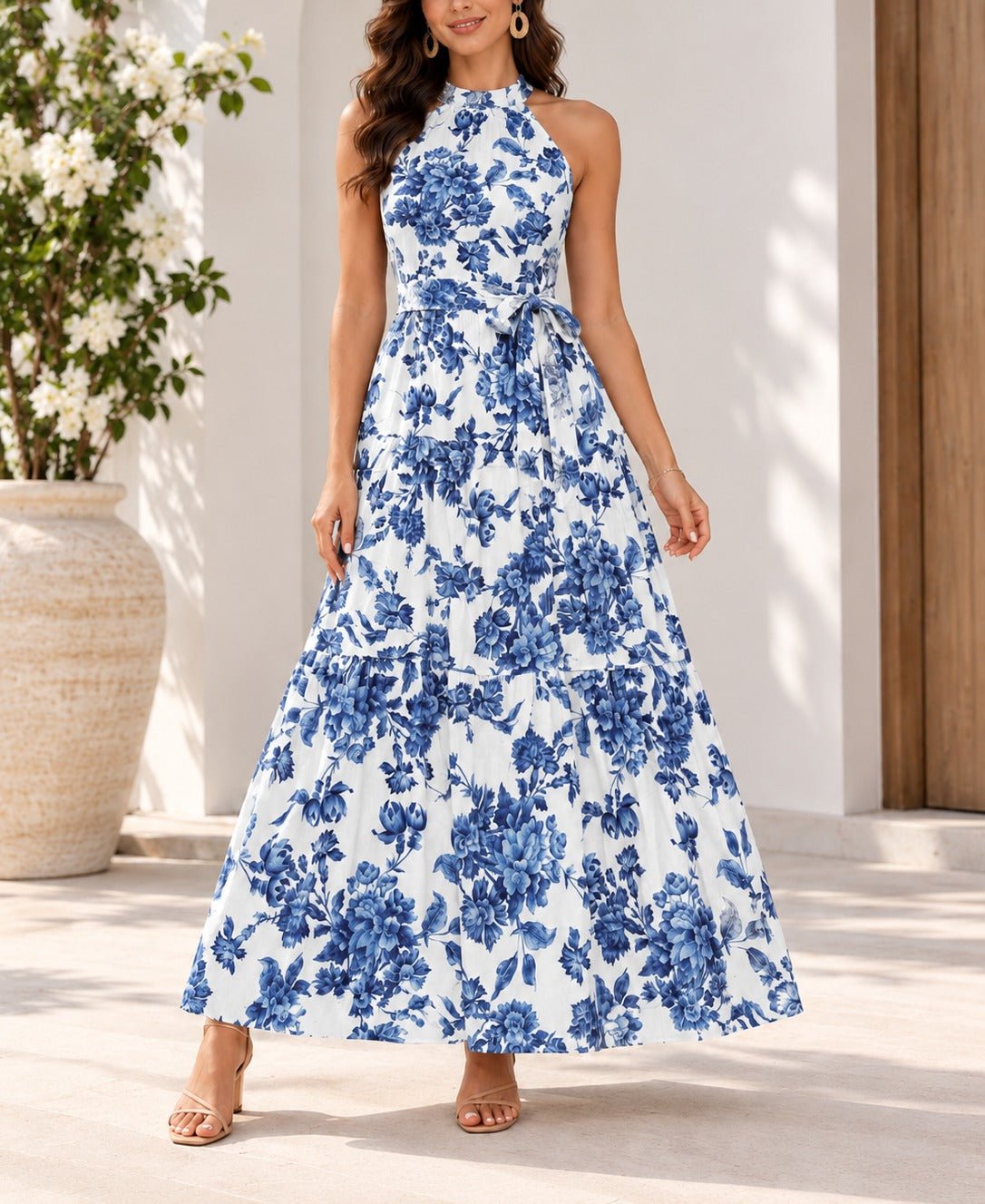 Ladies Blue Floral Print Tie-Waist Maxi Dress - StylePhase SA