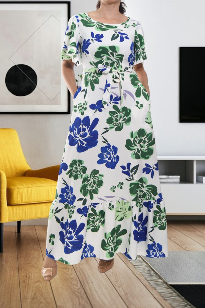 Ladies Blue Floral Tie Maxi Dress - StylePhase SA