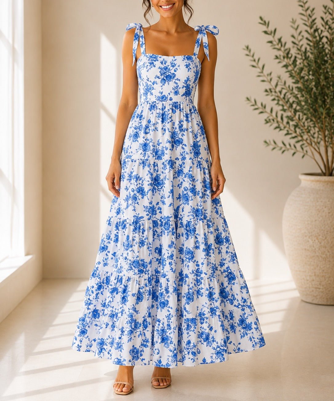 Ladies Blue Floral Tie Shoulder Dress - StylePhase SA