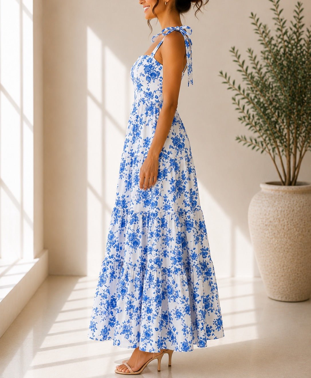 Ladies Blue Floral Tie Shoulder Dress - StylePhase SA