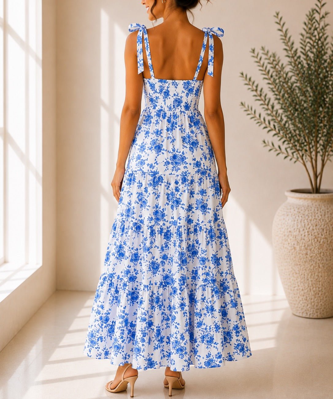 Ladies Blue Floral Tie Shoulder Dress - StylePhase SA