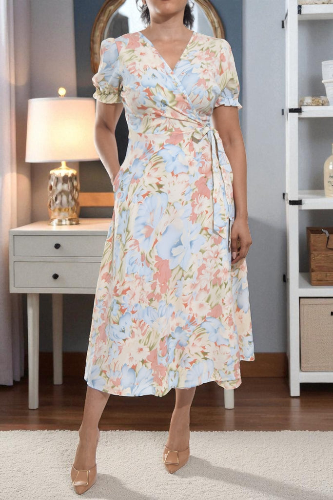 Ladies Blue Flower Wrap Dress - StylePhase SA