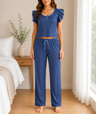 Ladies Blue Flutter Sleeves Knit Pyjama Set - StylePhase SA