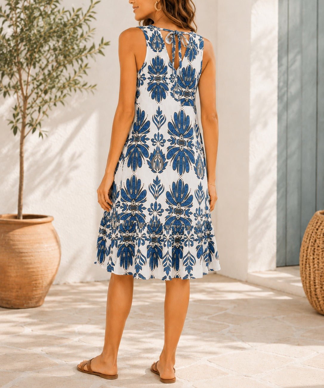 Ladies Blue Geometric Floral Print Ruffled Hem Dress - StylePhase SA