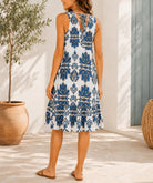 Ladies Blue Geometric Floral Print Ruffled Hem Dress - StylePhase SA
