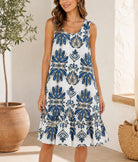Ladies Blue Geometric Floral Print Ruffled Hem Dress - StylePhase SA