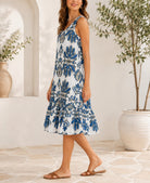 Ladies Blue Geometric Floral Print Ruffled Hem Dress - StylePhase SA