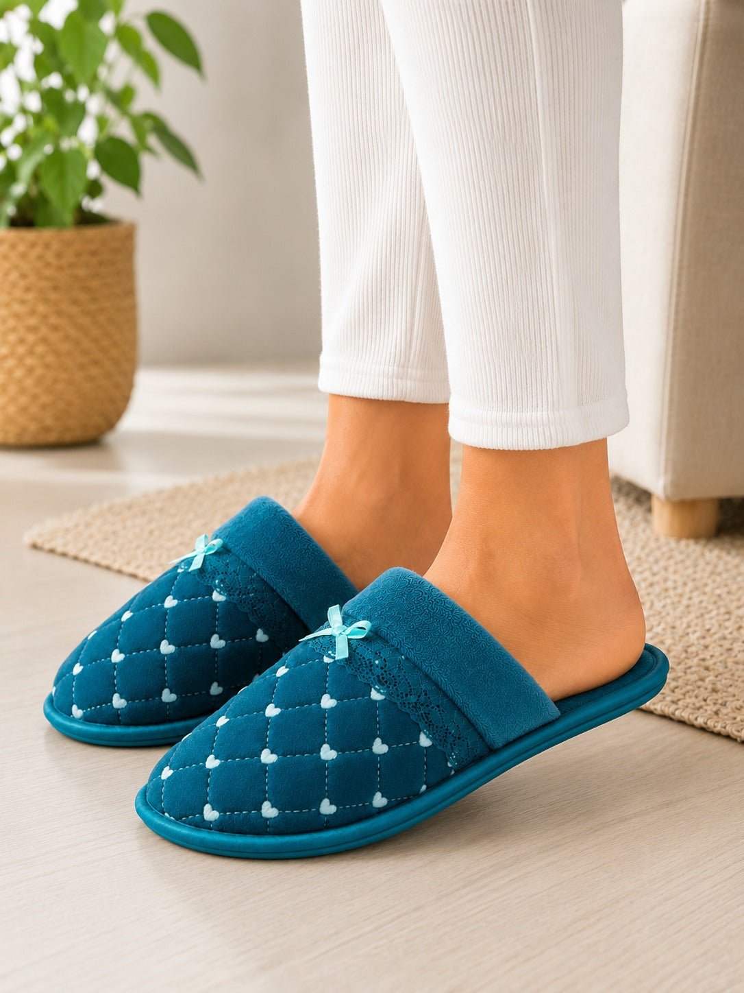 Ladies Blue Heart Print Quilted House Slippers - StylePhase SA