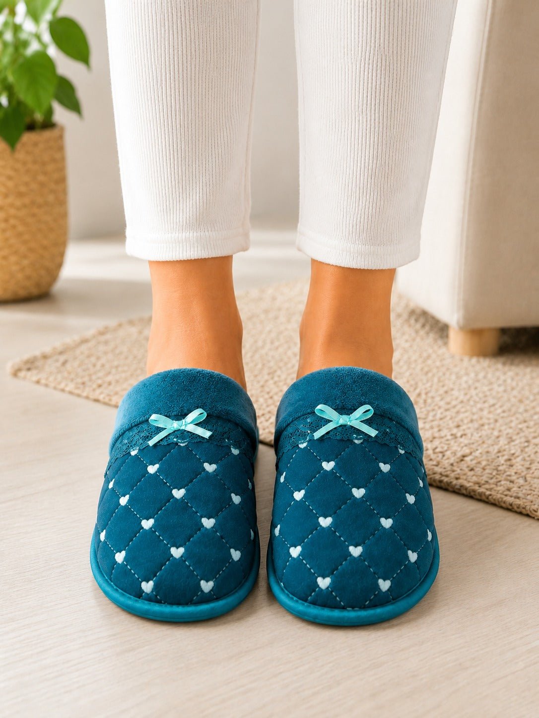 Ladies Blue Heart Print Quilted House Slippers - StylePhase SA