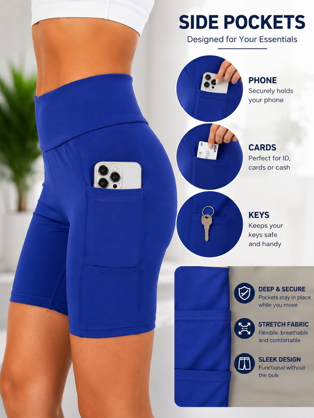 Ladies Blue High-Waist Side Pocket Activewear Shorts - StylePhase SA