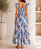 Ladies Blue Leaf Print Double Layered Flutter Sleeve Dress - StylePhase SA