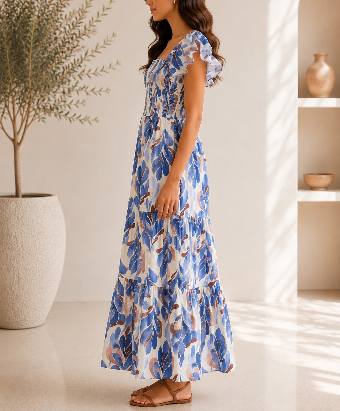 Ladies Blue Leaf Print Double Layered Flutter Sleeve Dress - StylePhase SA