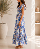 Ladies Blue Leaf Print Double Layered Flutter Sleeve Dress - StylePhase SA