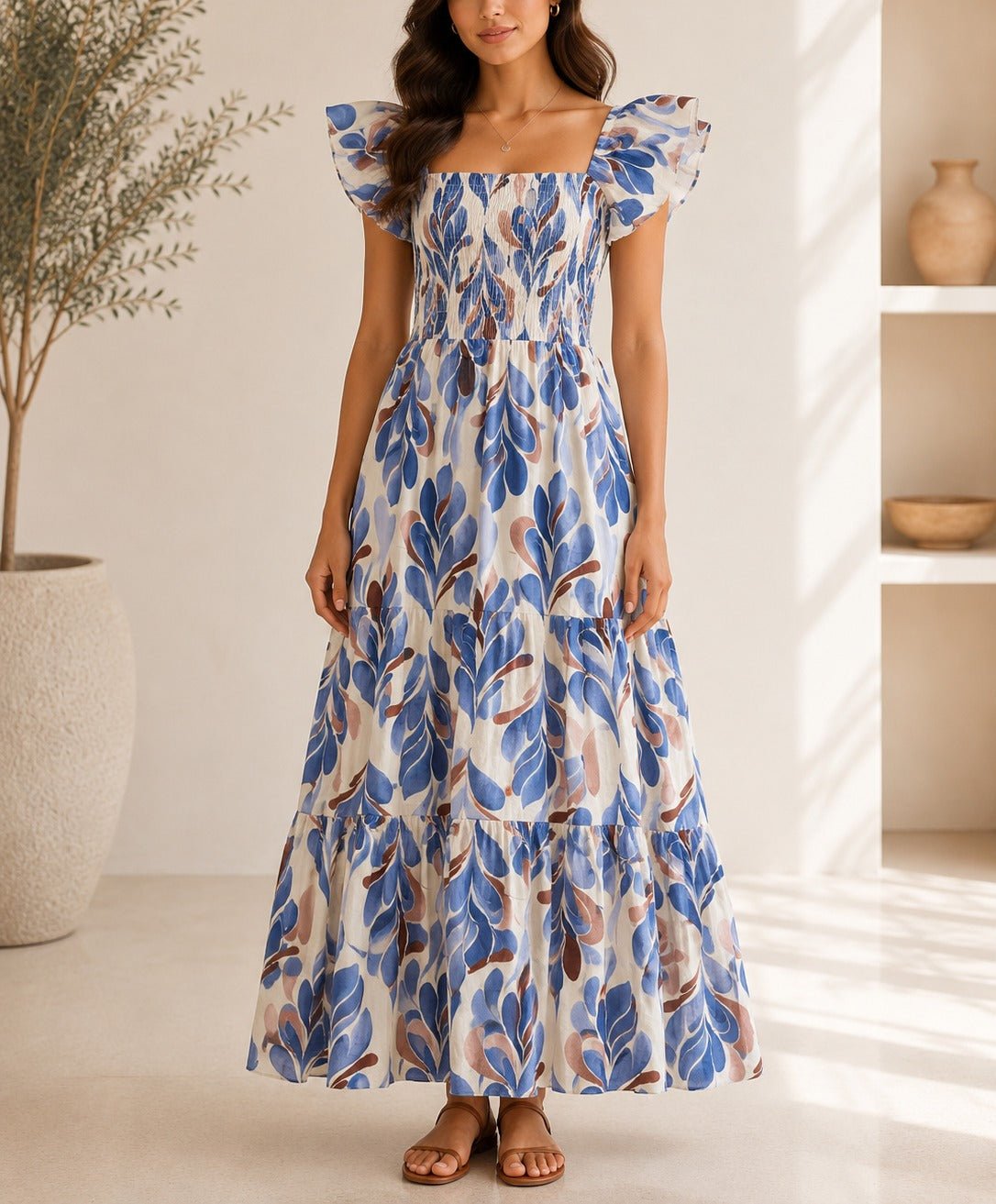 Ladies Blue Leaf Print Double Layered Flutter Sleeve Dress - StylePhase SA