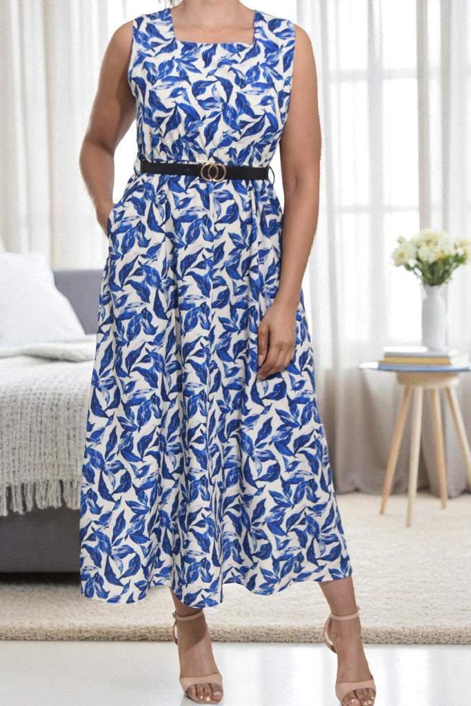 Ladies Blue Leaf Print Pocket Flare Dress (Excl Belt) - StylePhase SA
