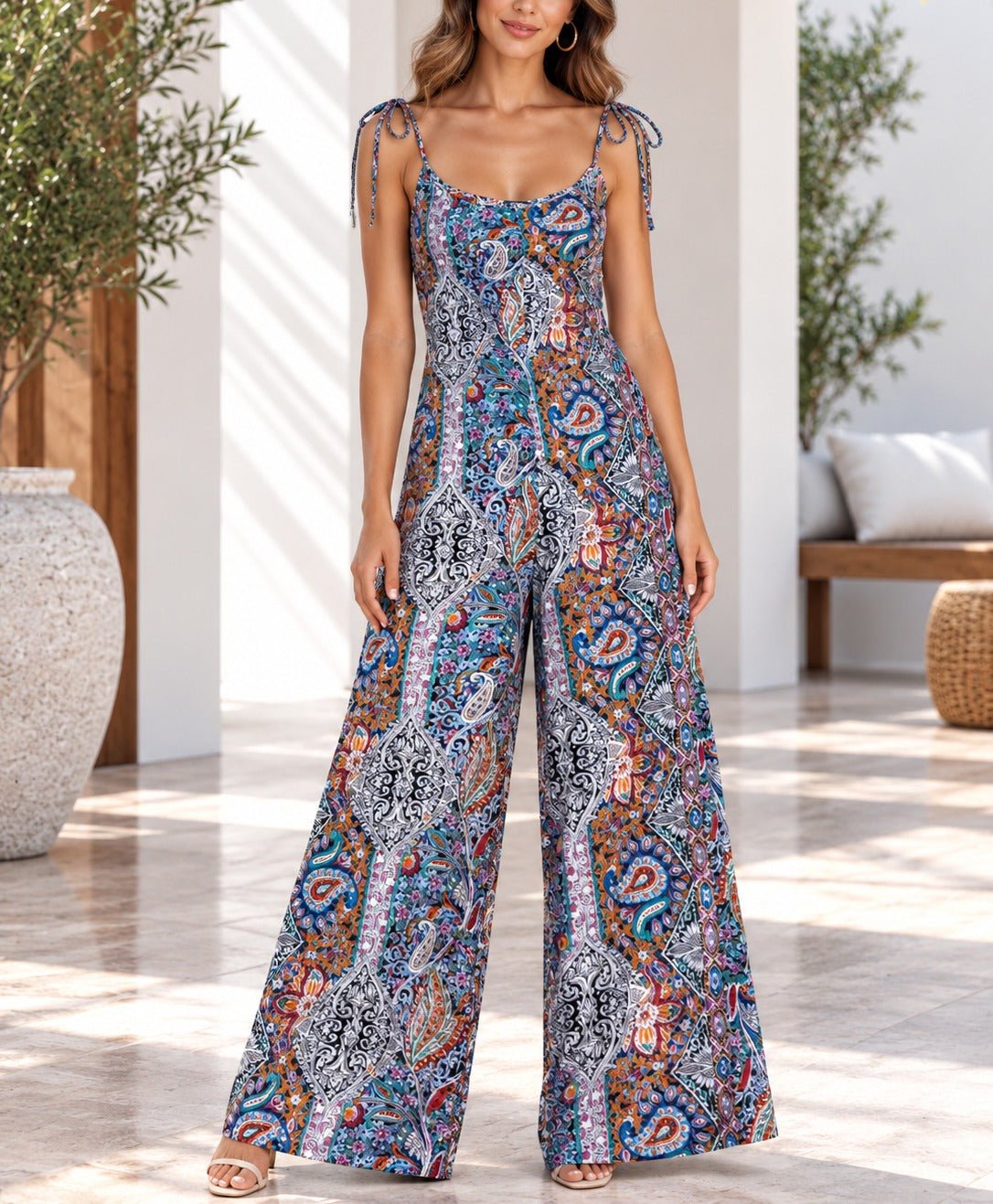 Ladies Blue Multi Color Paisley Print Tie Strap Jumpsuit - StylePhase SA