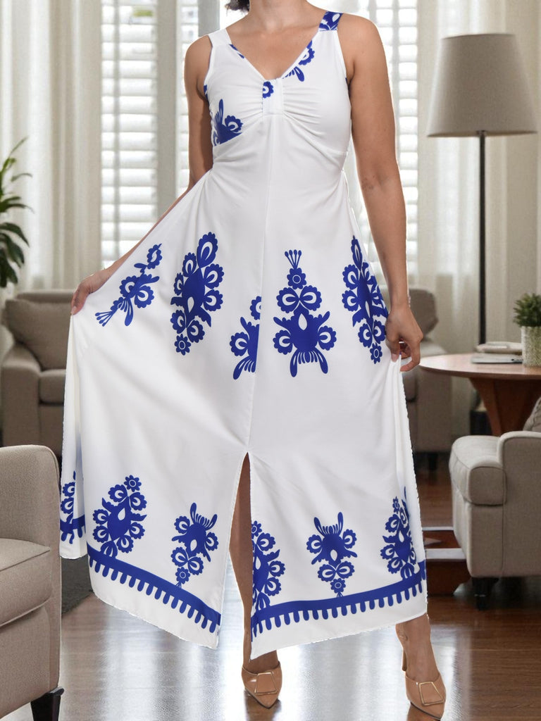 Ladies Blue Printed Front Slit Dress - StylePhase SA