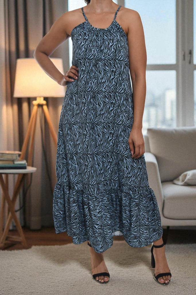 Ladies Blue Printed Strappy Ruffle End Dress - StylePhase SA