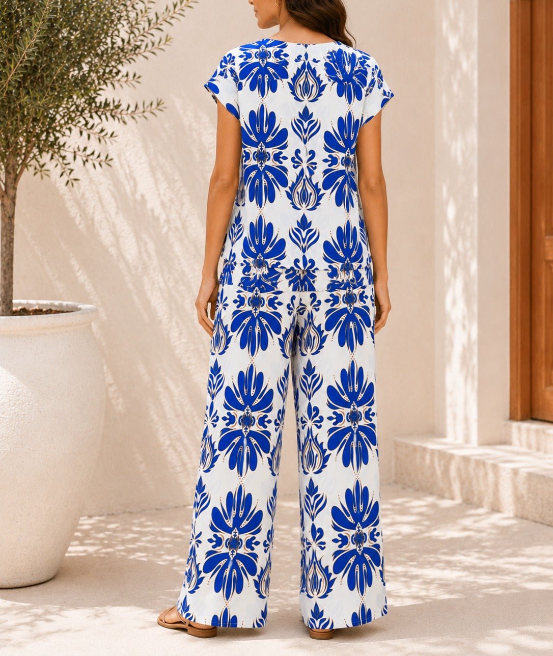 Ladies Blue Short Sleeve Printed Two-Piece Set - StylePhase SA