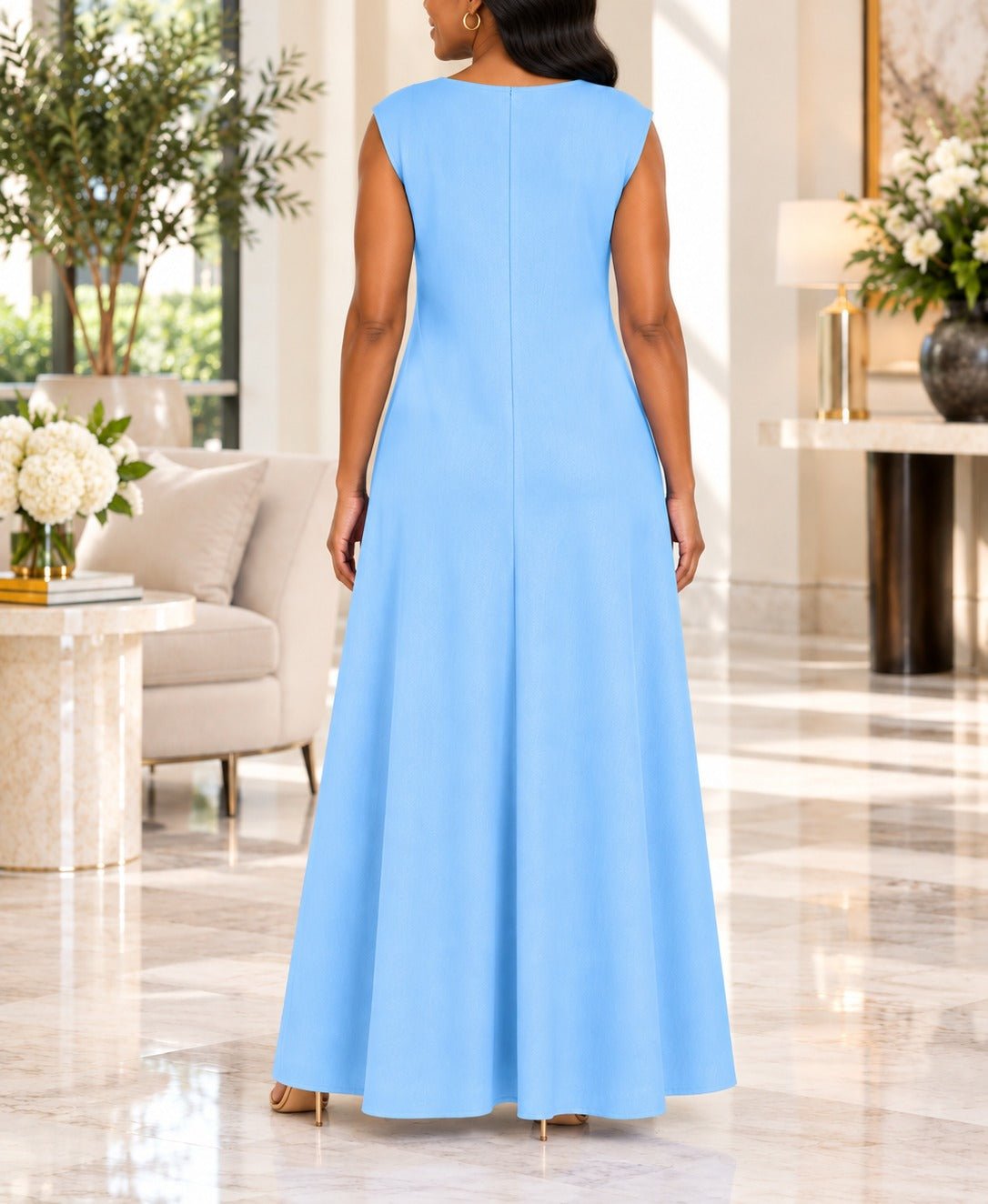 Ladies Blue Sleeveless Sunburst Brooch Maxi Dress - StylePhase SA