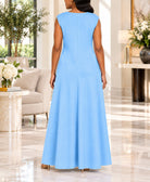 Ladies Blue Sleeveless Sunburst Brooch Maxi Dress - StylePhase SA