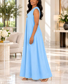 Ladies Blue Sleeveless Sunburst Brooch Maxi Dress - StylePhase SA