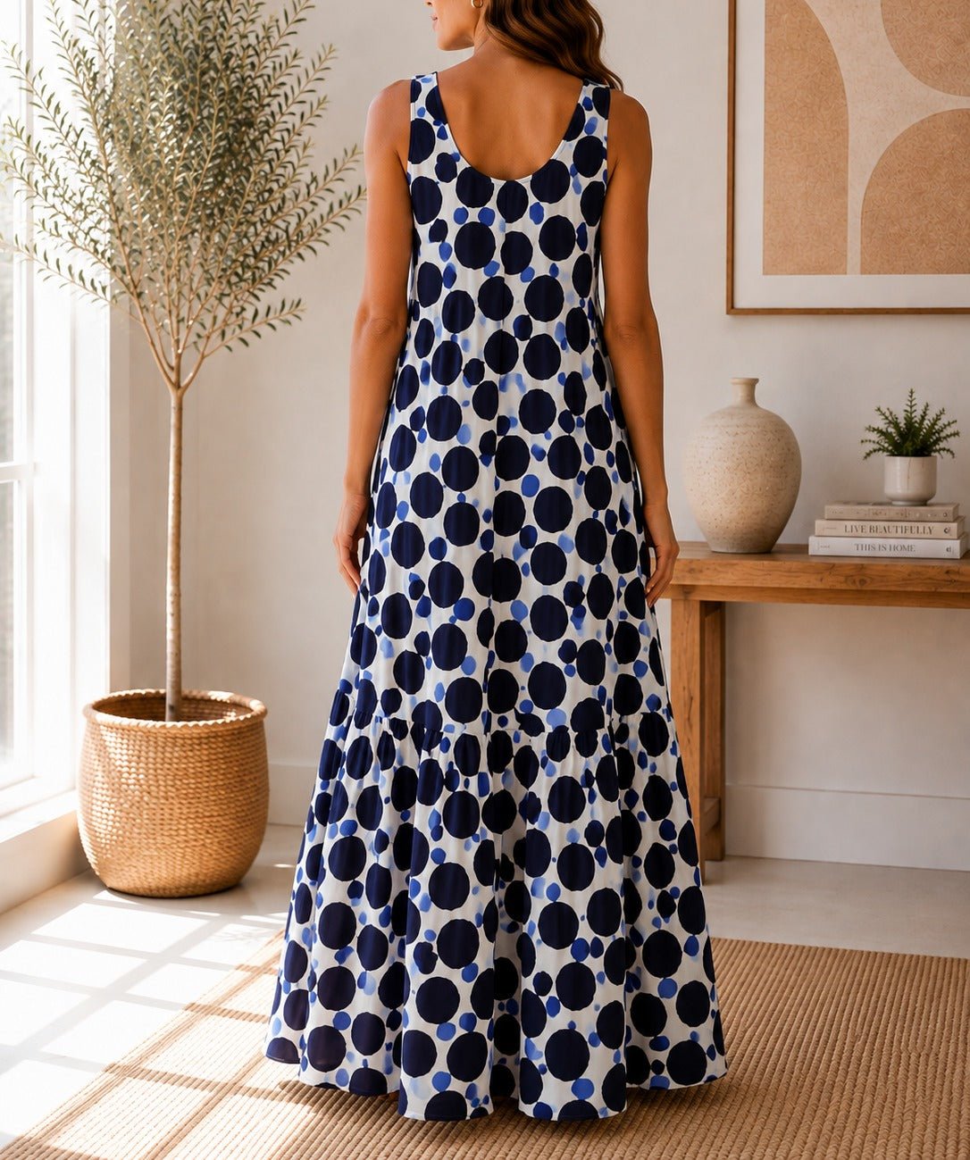 Ladies Blue Sleeveless V-neck Polka Dot Maxi Dress - StylePhase SA