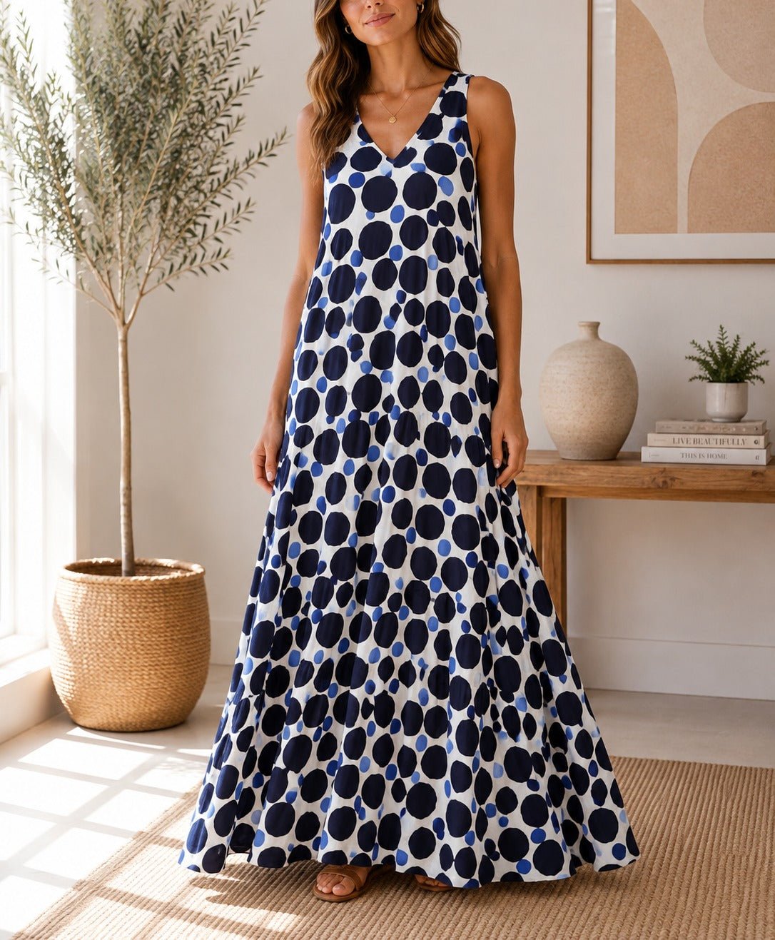 Ladies Blue Sleeveless V-neck Polka Dot Maxi Dress - StylePhase SA